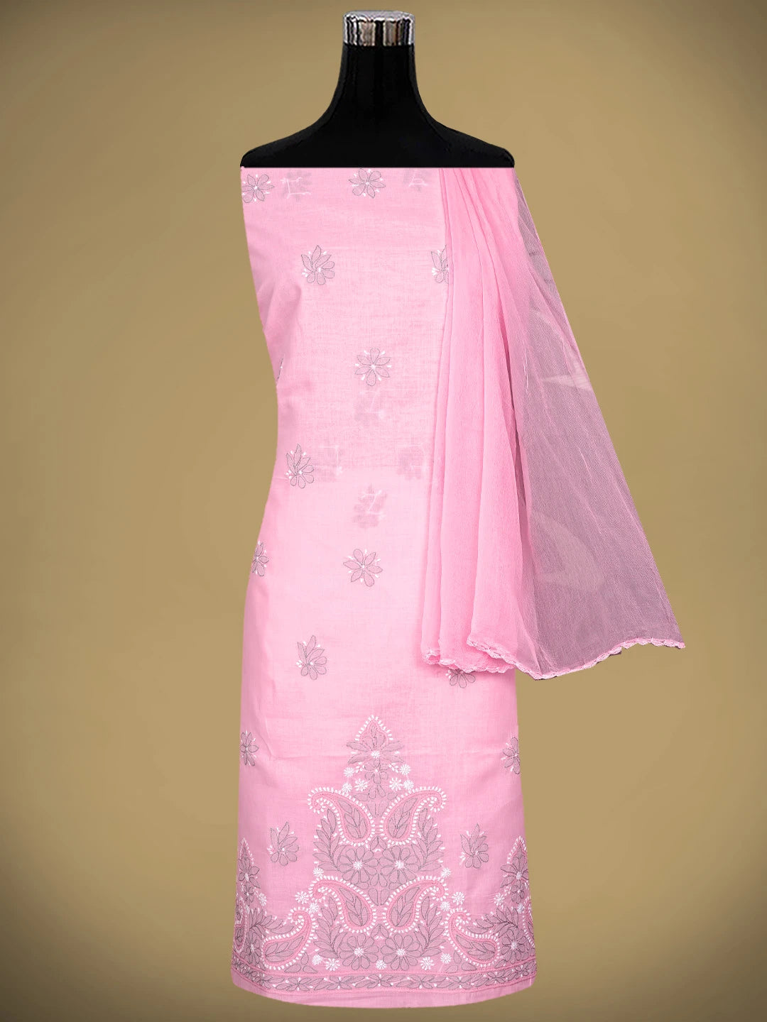 Ada Hand Embroidered Pink Cotton Lucknowi Chikankari Unstitched Suit Piece with Chiffon Dupatta 01A882314