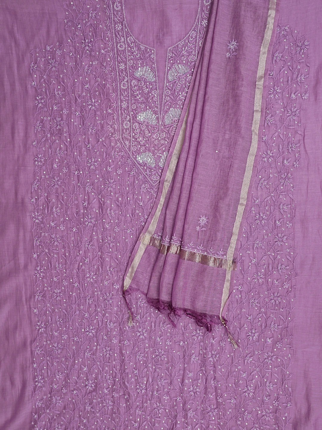 Ada Hand Embroidered Dusty Lavender Chanderi Lucknowi Chikankari Unstitched Kurta Dupatta Set With Sequinned Work 01A778609