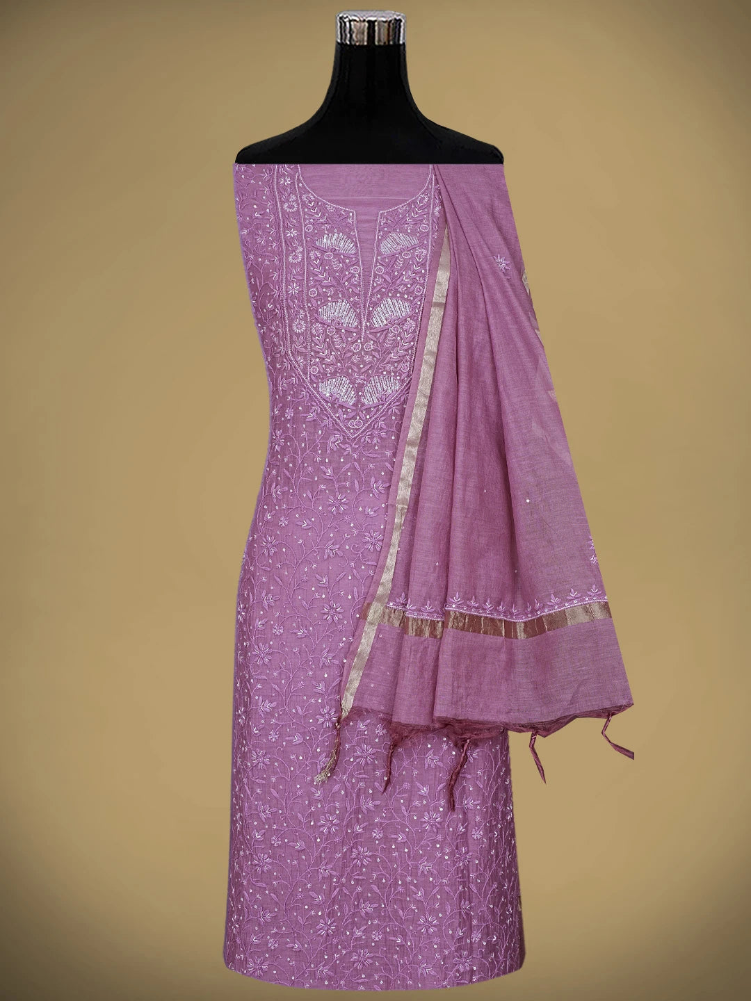 Ada Hand Embroidered Dusty Lavender Chanderi Lucknowi Chikankari Unstitched Kurta Dupatta Set With Sequinned Work 01A778609