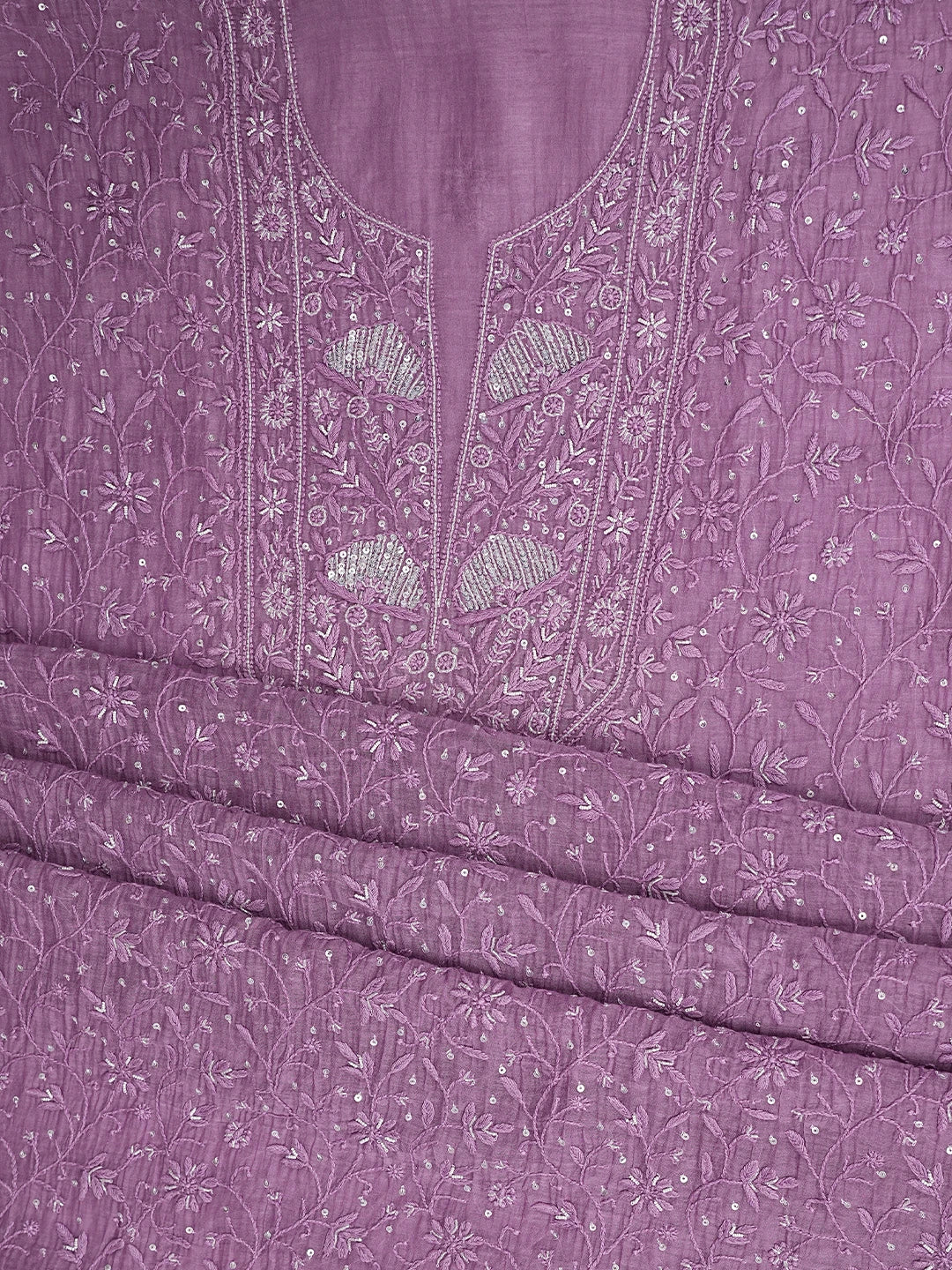 Ada Hand Embroidered Dusty Lavender Chanderi Lucknowi Chikankari Unstitched Kurta Dupatta Set With Sequinned Work 01A778609