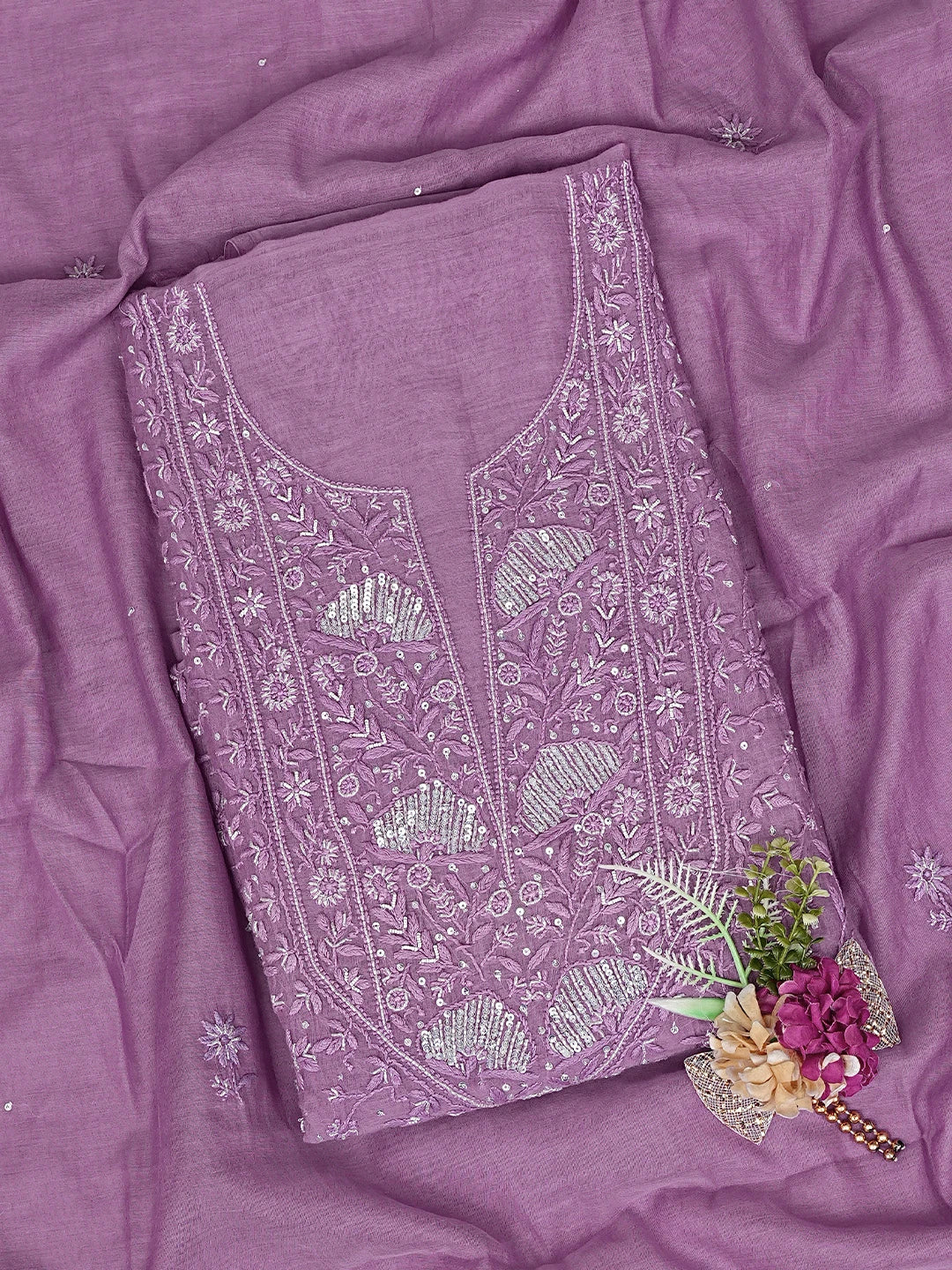 Ada Hand Embroidered Dusty Lavender Chanderi Lucknowi Chikankari Unstitched Kurta Dupatta Set With Sequinned Work 01A778609