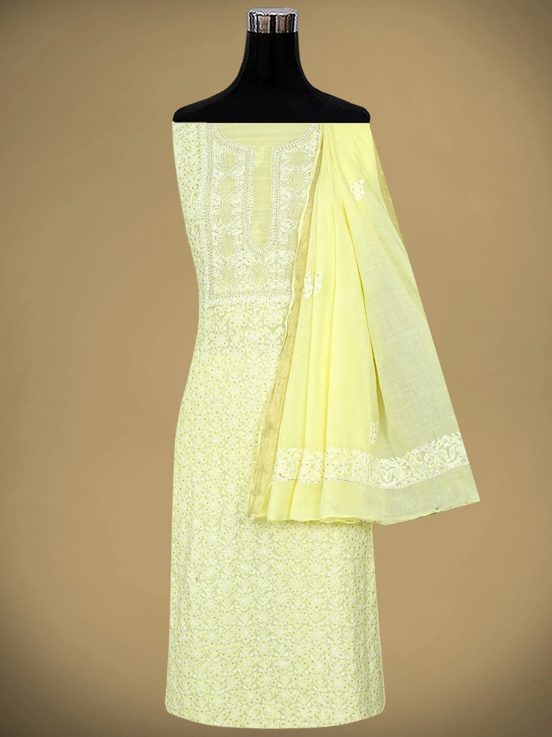 Ada Hand Embroidered Lemon Chanderi Lucknowi Chikankari Unstitched Kurta Dupatta Set With Muqaish Work 01A708622