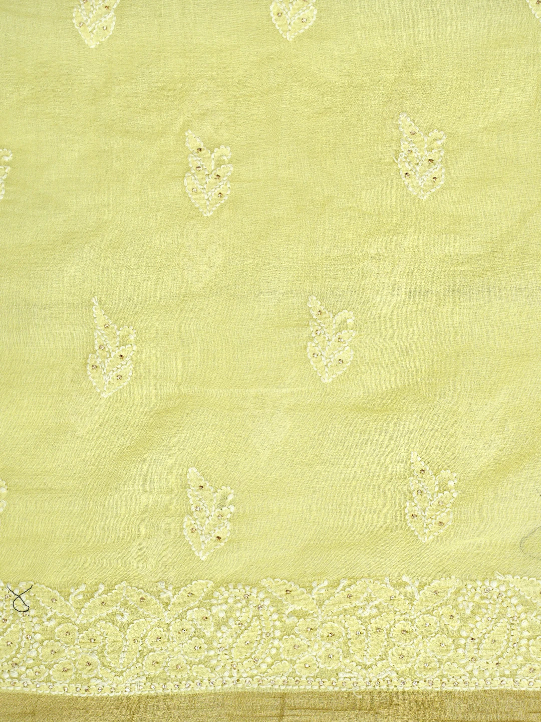 Ada Hand Embroidered Lemon Chanderi Lucknowi Chikankari Unstitched Kurta Dupatta Set With Muqaish Work 01A708622