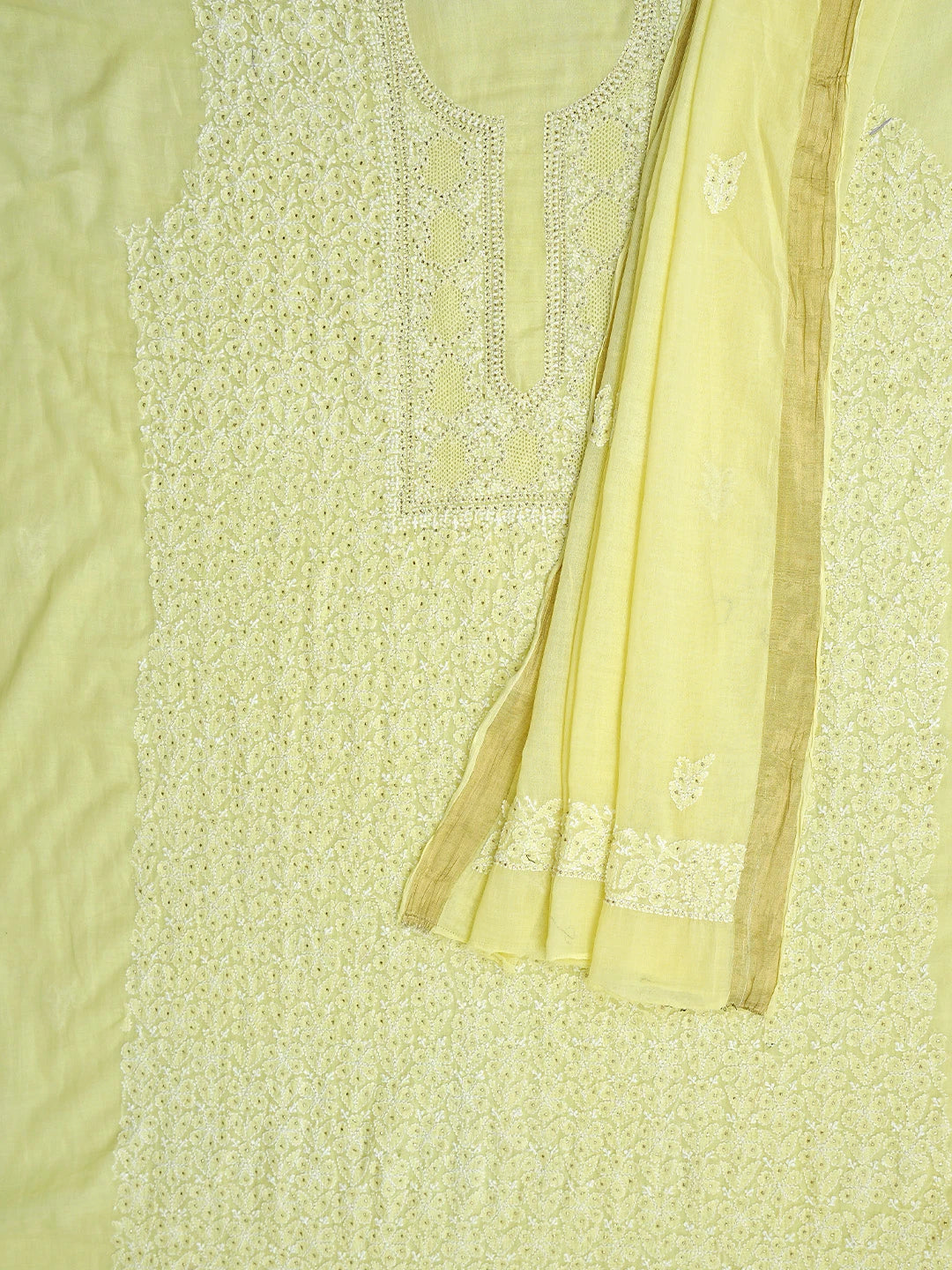 Ada Hand Embroidered Lemon Chanderi Lucknowi Chikankari Unstitched Kurta Dupatta Set With Muqaish Work 01A708622