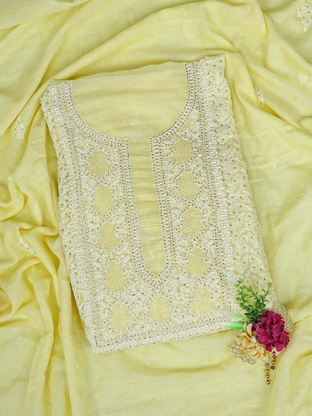 Ada Hand Embroidered Lemon Chanderi Lucknowi Chikankari Unstitched Kurta Dupatta Set With Muqaish Work 01A708622