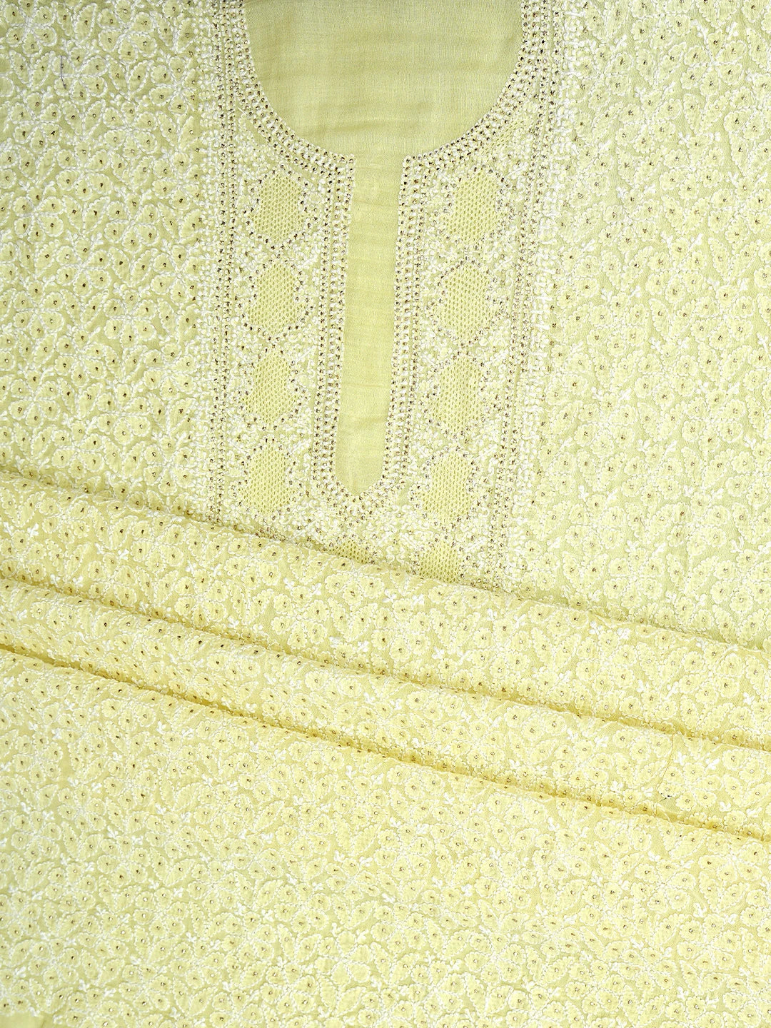Ada Hand Embroidered Lemon Chanderi Lucknowi Chikankari Unstitched Kurta Dupatta Set With Muqaish Work 01A708622