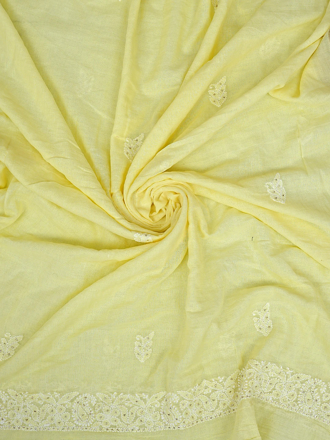 Ada Hand Embroidered Lemon Chanderi Lucknowi Chikankari Unstitched Kurta Dupatta Set With Muqaish Work 01A708622
