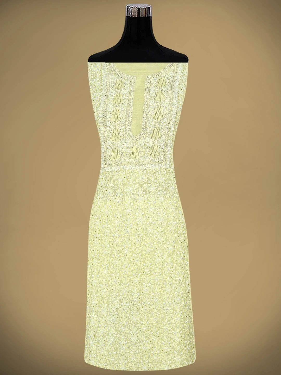 Ada Hand Embroidered Lemon Chanderi Lucknowi Chikankari Unstitched Kurta Dupatta Set With Muqaish Work 01A708622