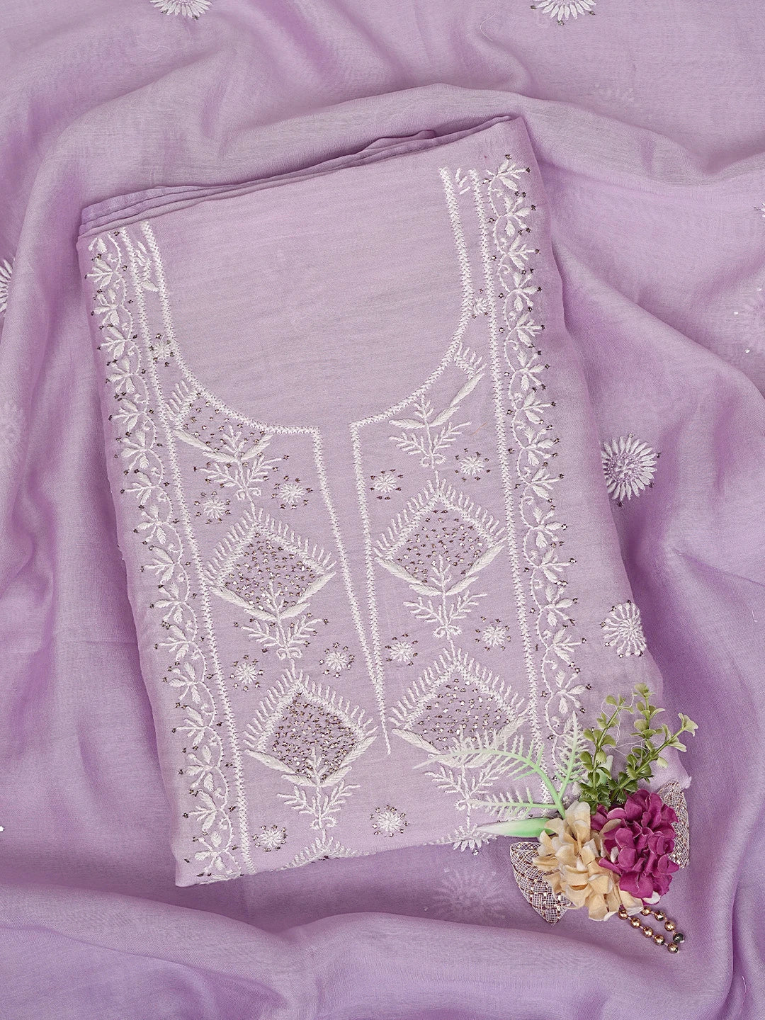Ada Hand Embroidered Mauve Chanderi Lucknowi Chikankari Unstitched Kurta Dupatta Set With Muqaish Work 01A380638