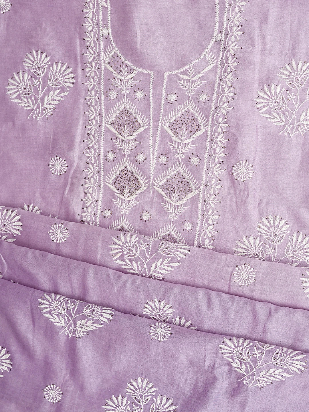 Ada Hand Embroidered Mauve Chanderi Lucknowi Chikankari Unstitched Kurta Dupatta Set With Muqaish Work 01A380638