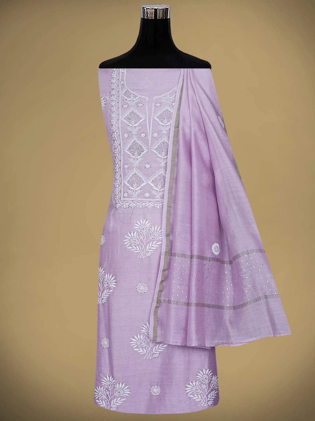 Ada Hand Embroidered Mauve Chanderi Lucknowi Chikankari Unstitched Kurta Dupatta Set With Muqaish Work 01A380638