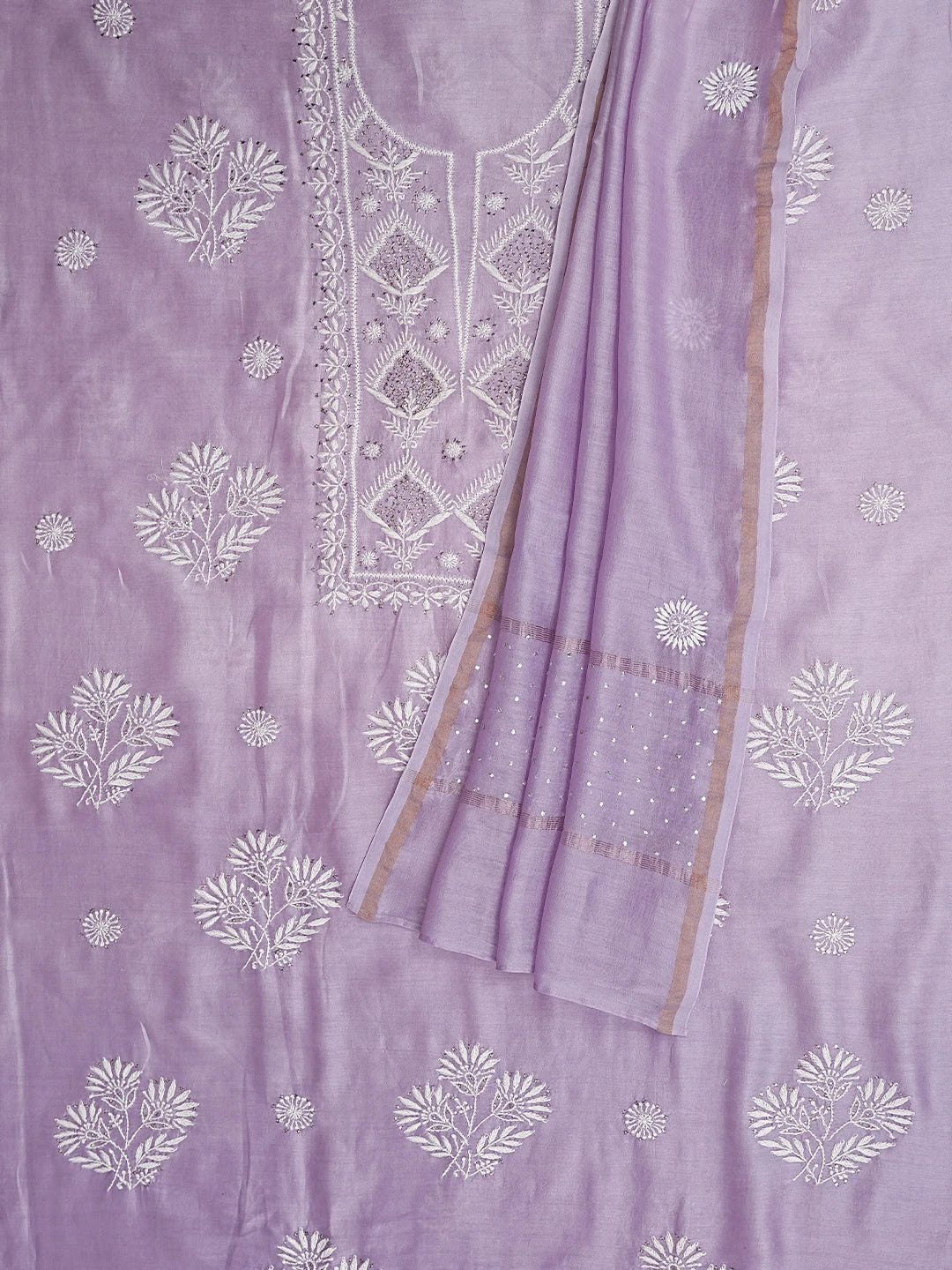 Ada Hand Embroidered Mauve Chanderi Lucknowi Chikankari Unstitched Kurta Dupatta Set With Muqaish Work 01A380638
