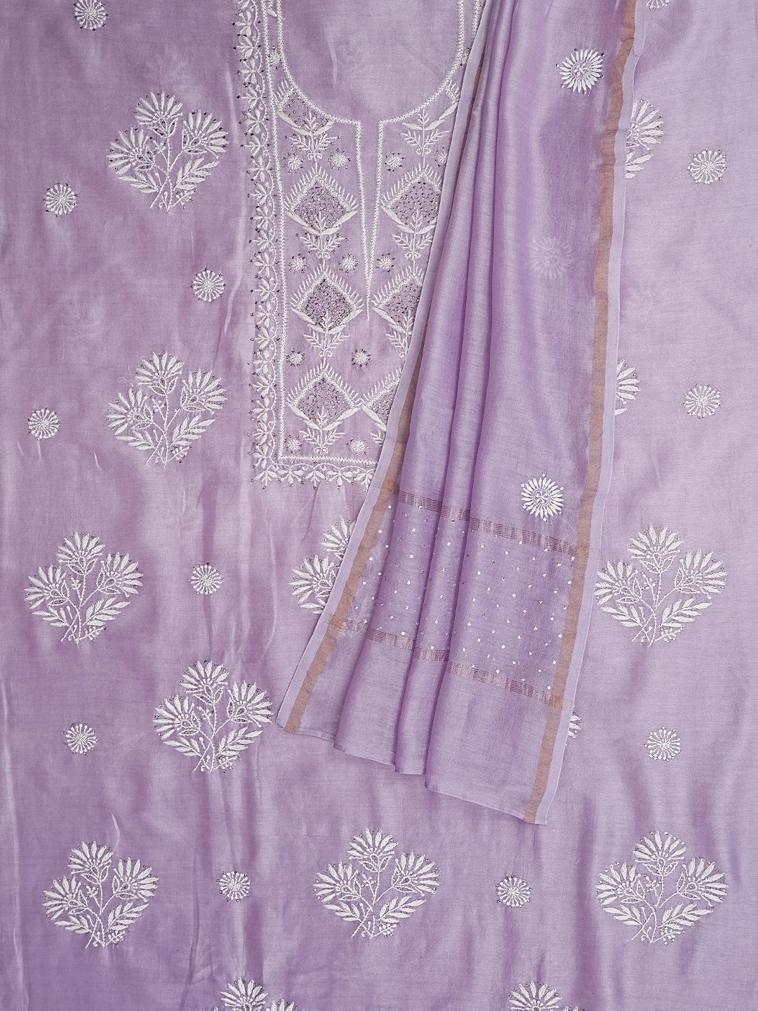 Ada Hand Embroidered Mauve Chanderi Lucknowi Chikankari Unstitched Kurta Dupatta Set With Muqaish Work 01A380638