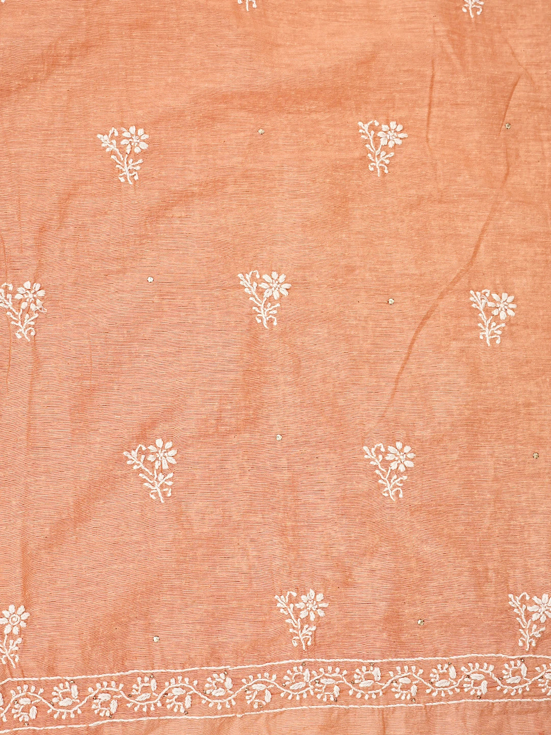 Ada Hand Embroidered Coral Glow Orange Chanderi Lucknowi Chikankari Unstitched Kurta Dupatta Set With Muqaish Work 01A412090