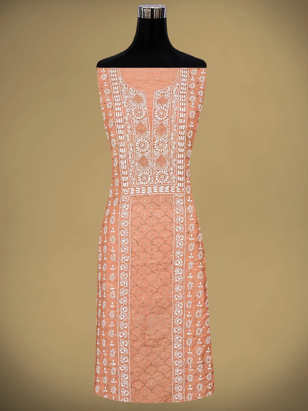 Ada Hand Embroidered Coral Glow Orange Chanderi Lucknowi Chikankari Unstitched Kurta Dupatta Set With Muqaish Work 01A412090