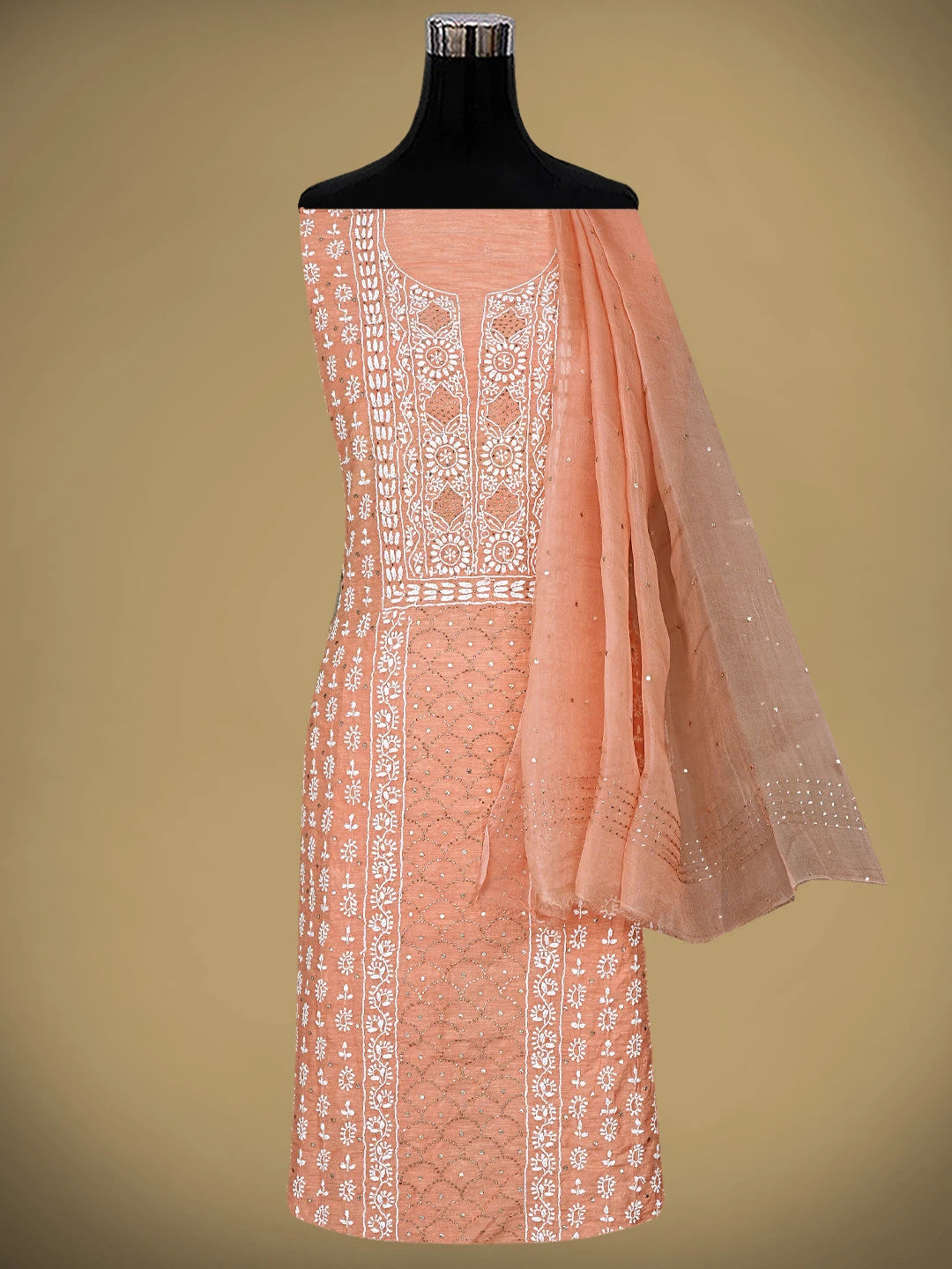 Ada Hand Embroidered Coral Glow Orange Chanderi Lucknowi Chikankari Unstitched Kurta Dupatta Set With Muqaish Work 01A412090
