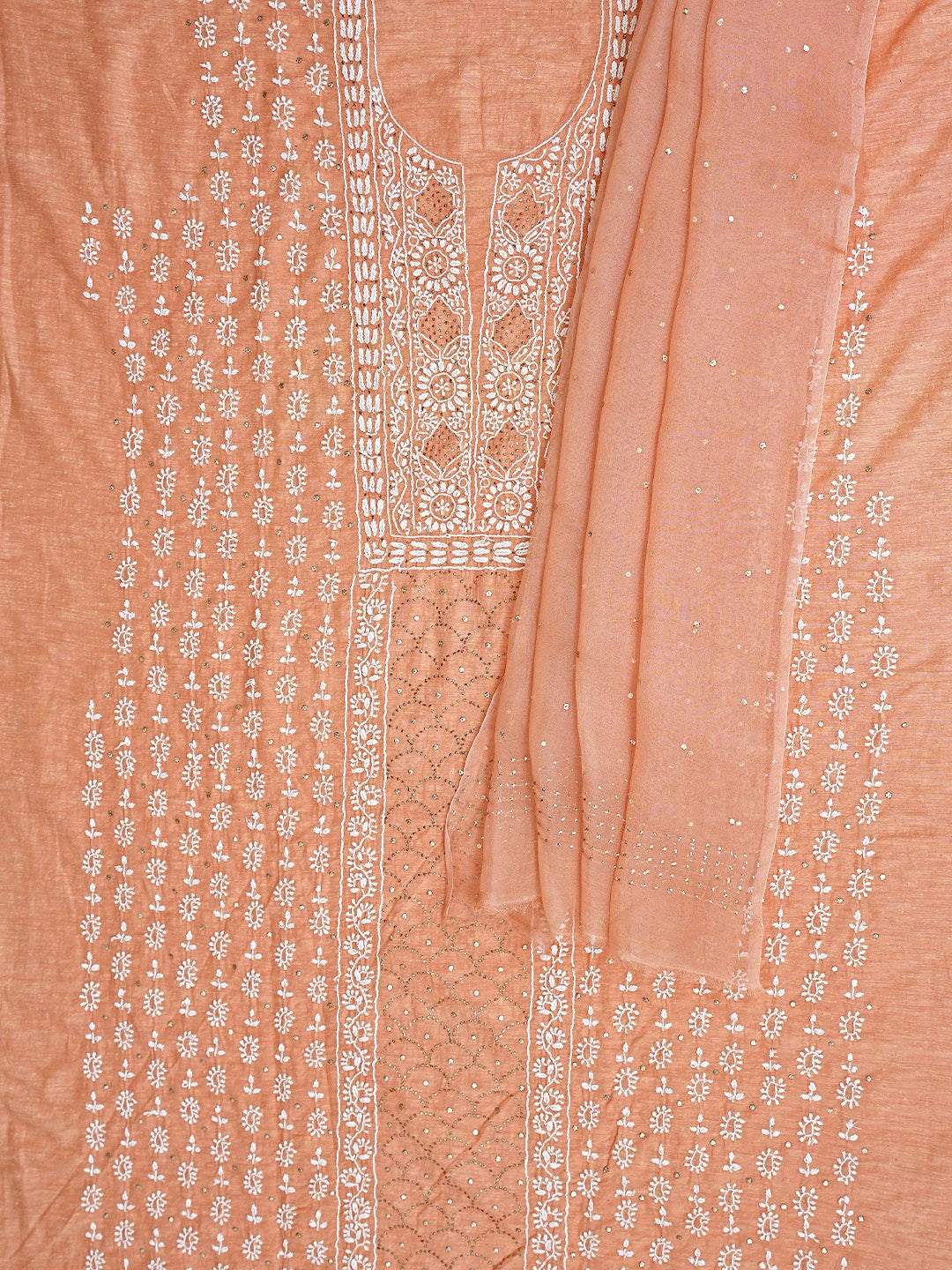 Ada Hand Embroidered Coral Glow Orange Chanderi Lucknowi Chikankari Unstitched Kurta Dupatta Set With Muqaish Work 01A412090