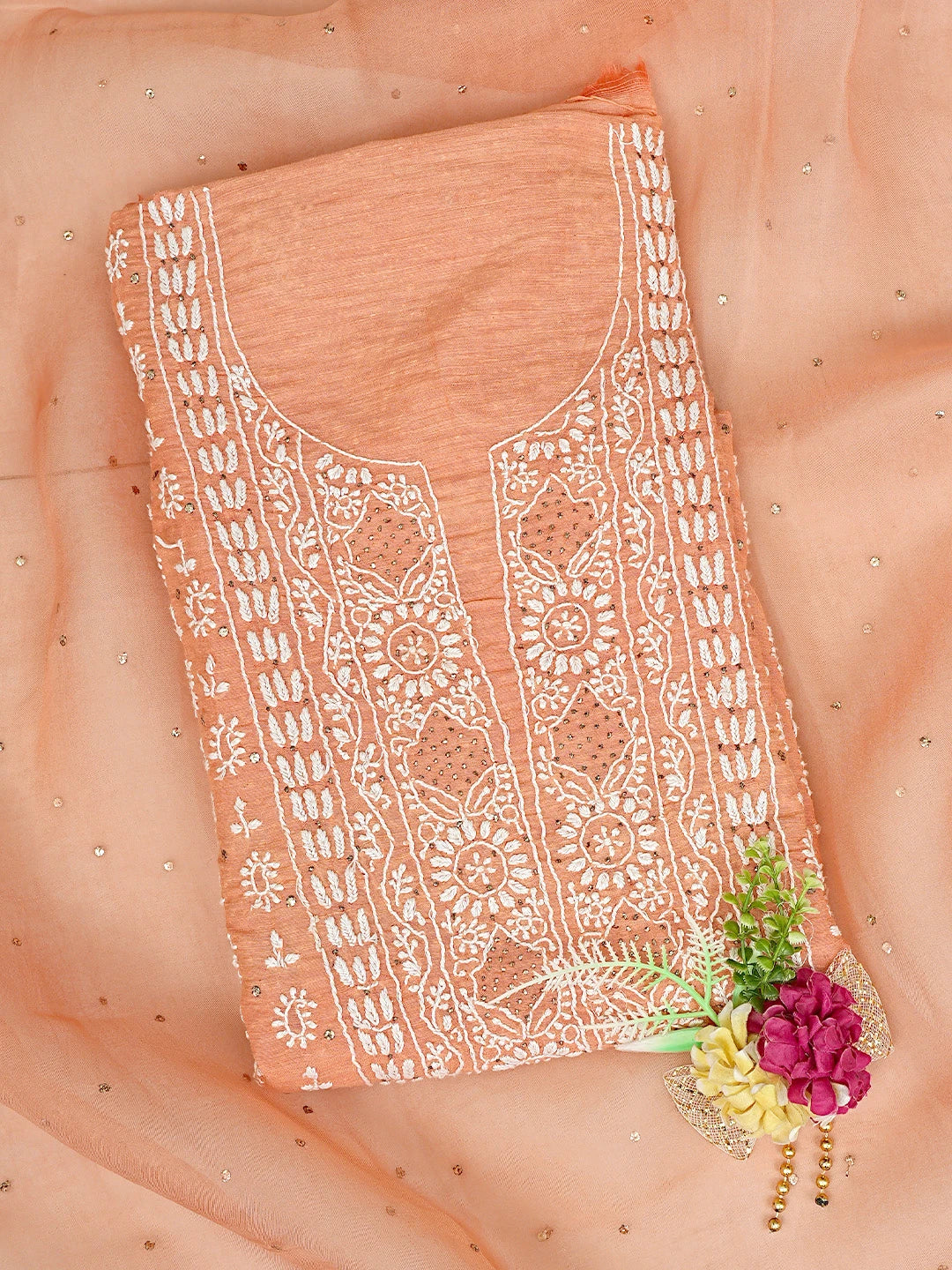 Ada Hand Embroidered Coral Glow Orange Chanderi Lucknowi Chikankari Unstitched Kurta Dupatta Set With Muqaish Work 01A412090