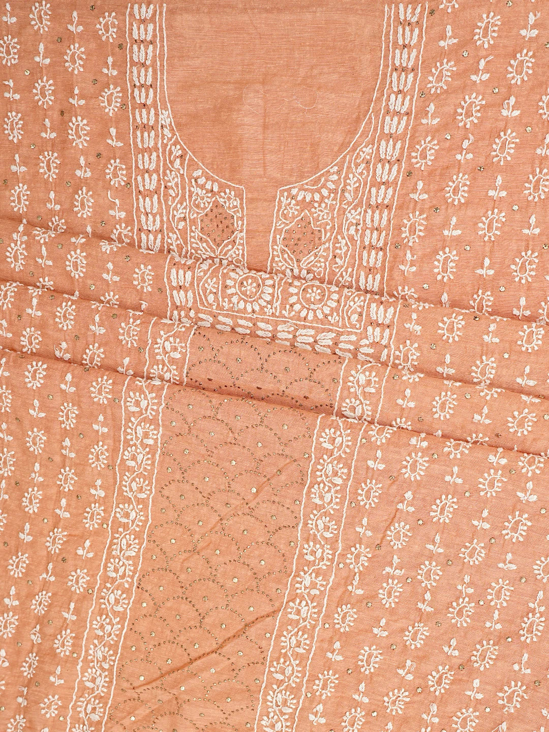 Ada Hand Embroidered Coral Glow Orange Chanderi Lucknowi Chikankari Unstitched Kurta Dupatta Set With Muqaish Work 01A412090
