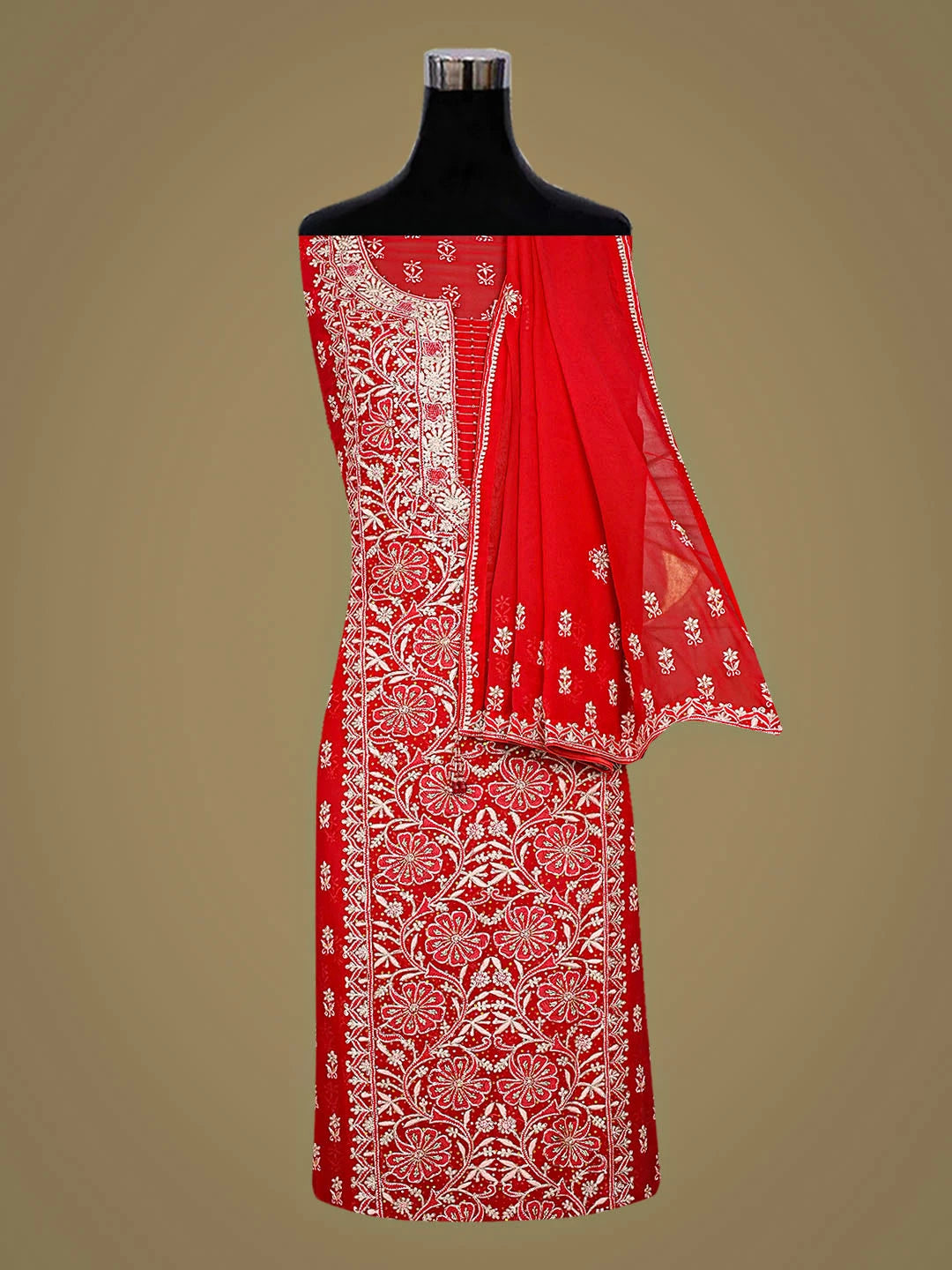 Ada Hand Embroidered Red Pure Georgette Lucknowi Chikankari Unstitched Kurta Dupatta Set With Sequinned Work 01A856192