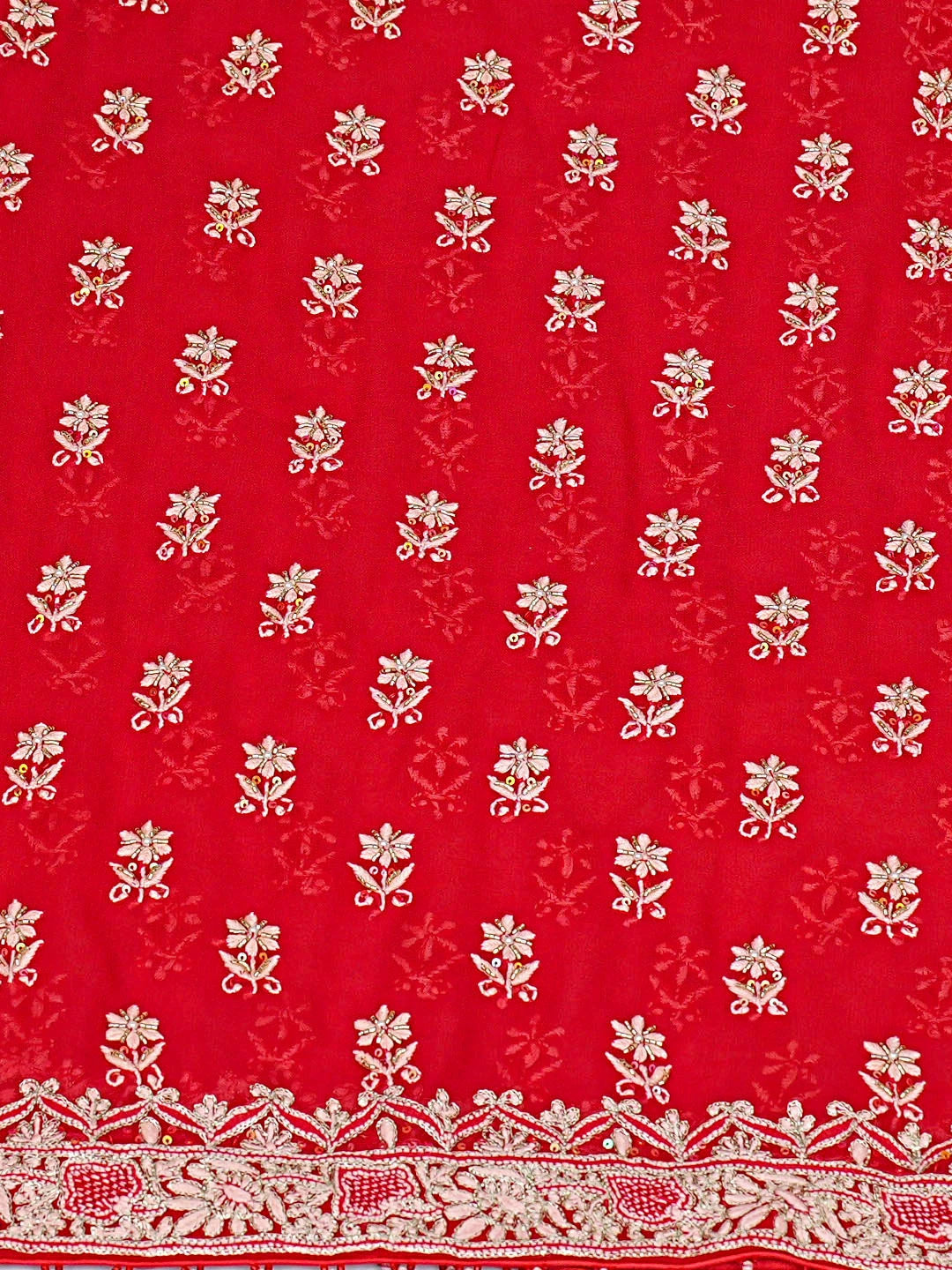 Ada Hand Embroidered Red Pure Georgette Lucknowi Chikankari Unstitched Kurta Dupatta Set With Sequinned Work 01A856192