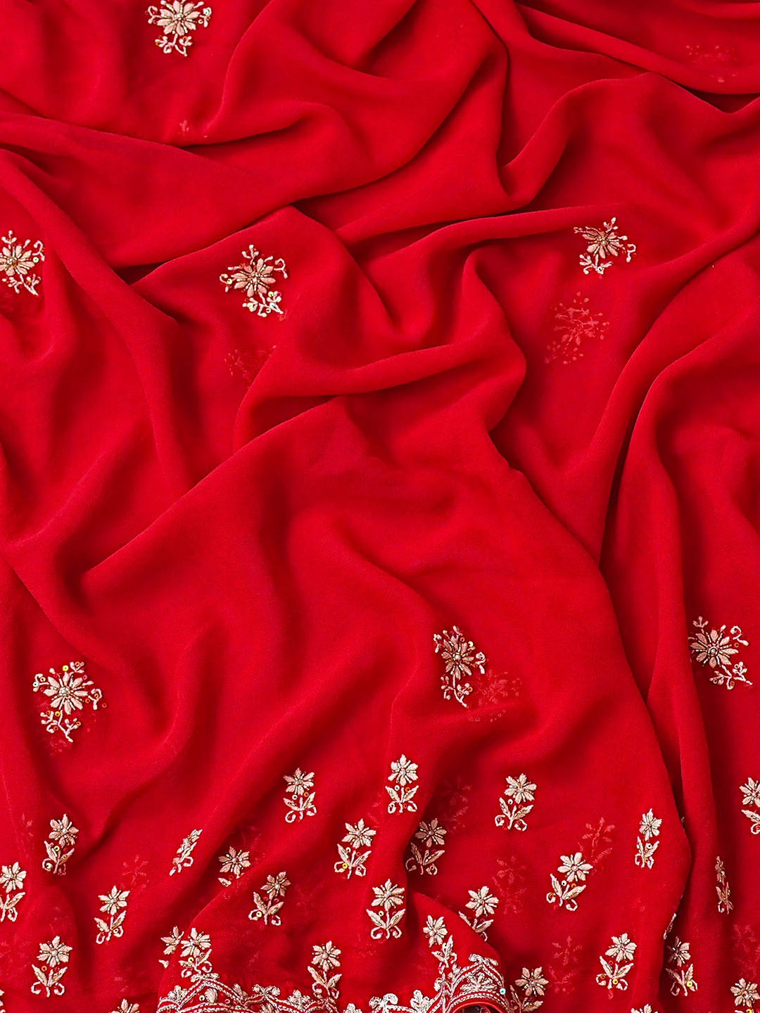 Ada Hand Embroidered Red Pure Georgette Lucknowi Chikankari Unstitched Kurta Dupatta Set With Sequinned Work 01A856192
