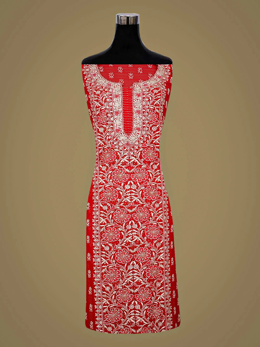 Ada Hand Embroidered Red Pure Georgette Lucknowi Chikankari Unstitched Kurta Dupatta Set With Sequinned Work 01A856192