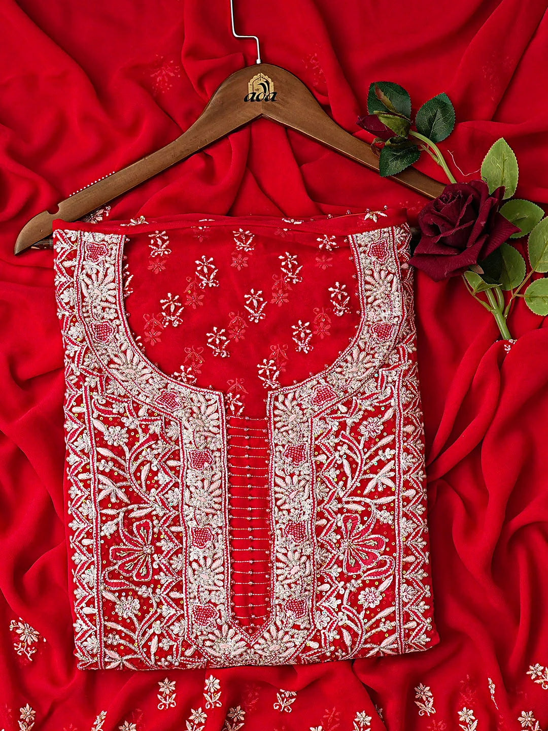 Ada Hand Embroidered Red Pure Georgette Lucknowi Chikankari Unstitched Kurta Dupatta Set With Sequinned Work 01A856192