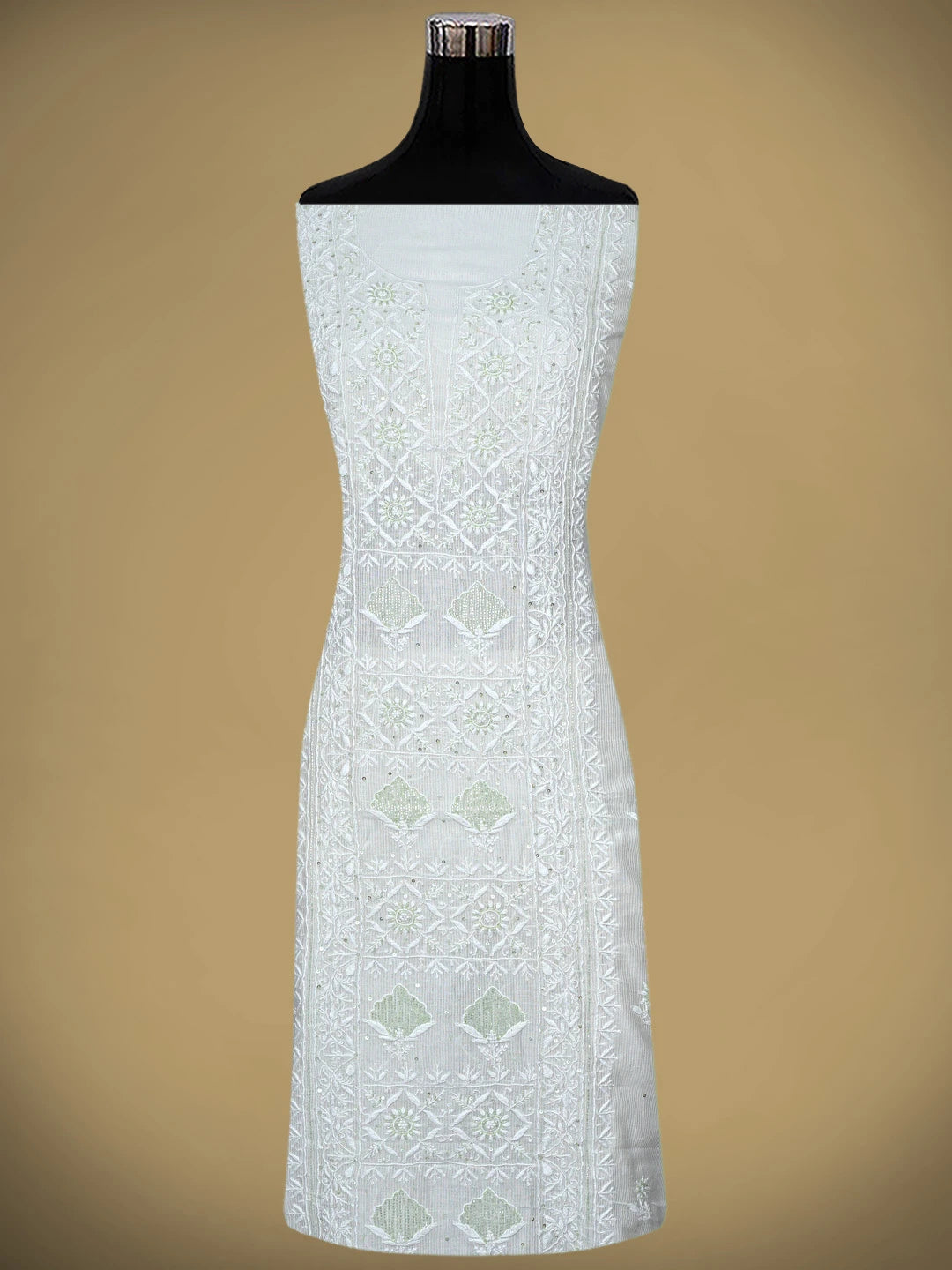 Ada Hand Embroidered White Chanderi Lucknowi Chikankari Unstitched Kurta Dupatta Set With Sequinned Work 01A897615
