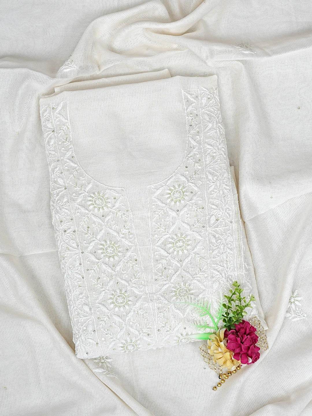 Ada Hand Embroidered White Chanderi Lucknowi Chikankari Unstitched Kurta Dupatta Set With Sequinned Work 01A897615