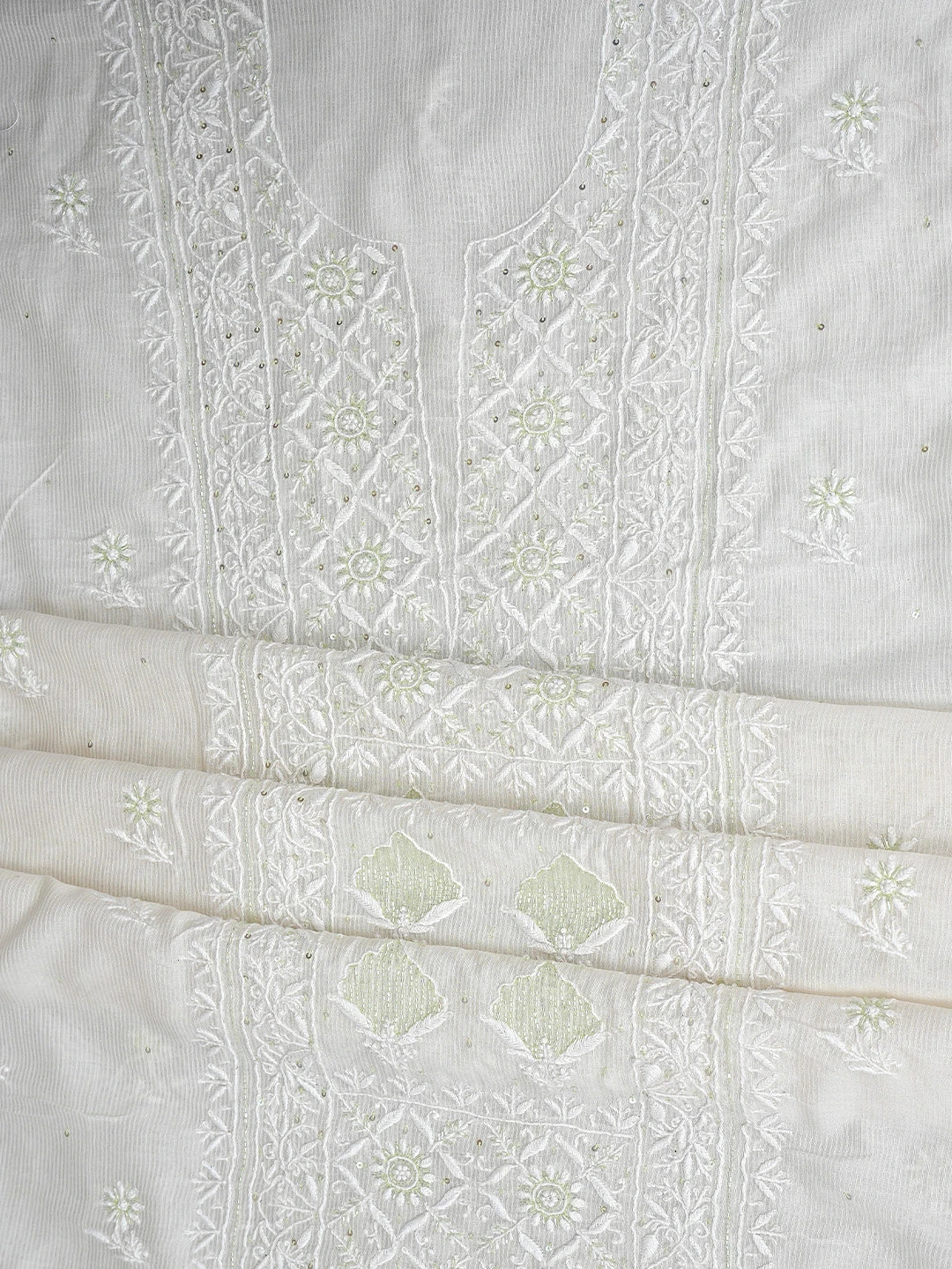 Ada Hand Embroidered White Chanderi Lucknowi Chikankari Unstitched Kurta Dupatta Set With Sequinned Work 01A897615