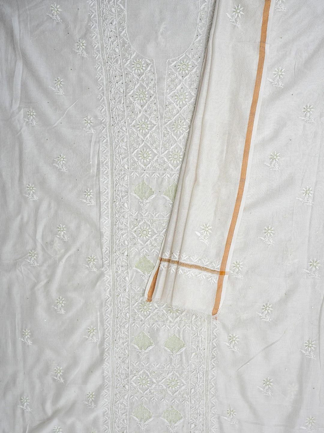 Ada Hand Embroidered White Chanderi Lucknowi Chikankari Unstitched Kurta Dupatta Set With Sequinned Work 01A897615