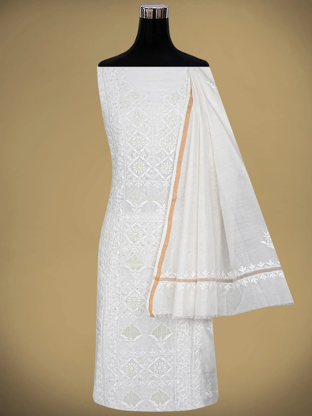 Ada Hand Embroidered White Chanderi Lucknowi Chikankari Unstitched Kurta Dupatta Set With Sequinned Work 01A897615