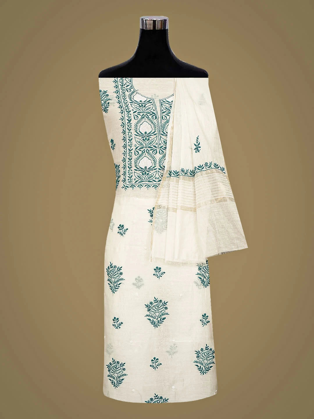 Ada Hand Embroidered White Chanderi Lucknowi Chikankari Unstitched Kurta Dupatta Set With Pearl Work 01A898431