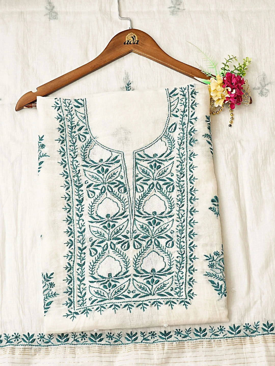 Ada Hand Embroidered White Chanderi Lucknowi Chikankari Unstitched Kurta Dupatta Set With Pearl Work 01A898431