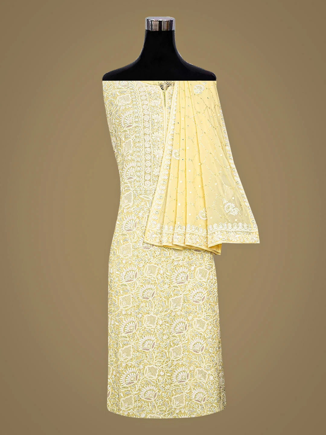 Ada Hand Embroidered Lemon Pure Georgette Lucknowi Chikankari Semi-Stitched Kurta Dupatta Set With Sequinned Work 01A653472