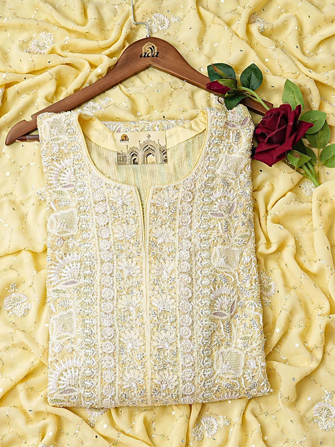 Ada Hand Embroidered Lemon Pure Georgette Lucknowi Chikankari Semi-Stitched Kurta Dupatta Set With Sequinned Work 01A653472