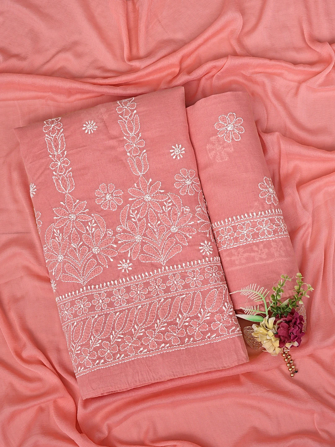 Ada Hand Embroidered Peach Cotton Lucknowi Chikankari Unstitched Suit Piece 01A881405