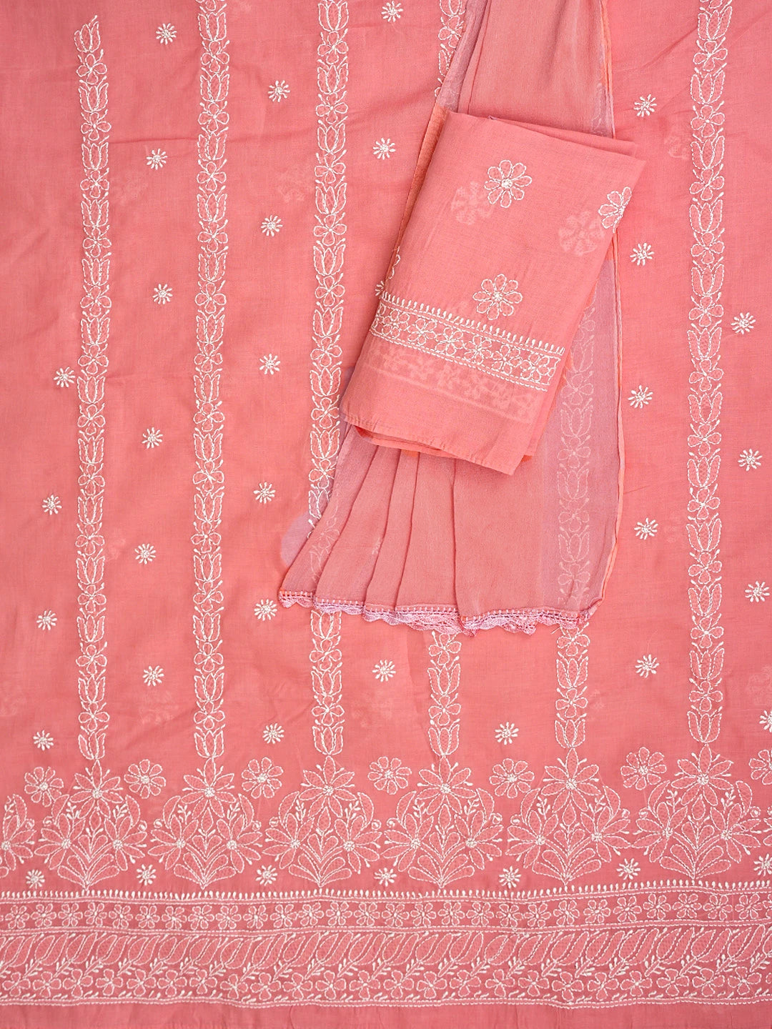 Ada Hand Embroidered Peach Cotton Lucknowi Chikankari Unstitched Suit Piece 01A881405