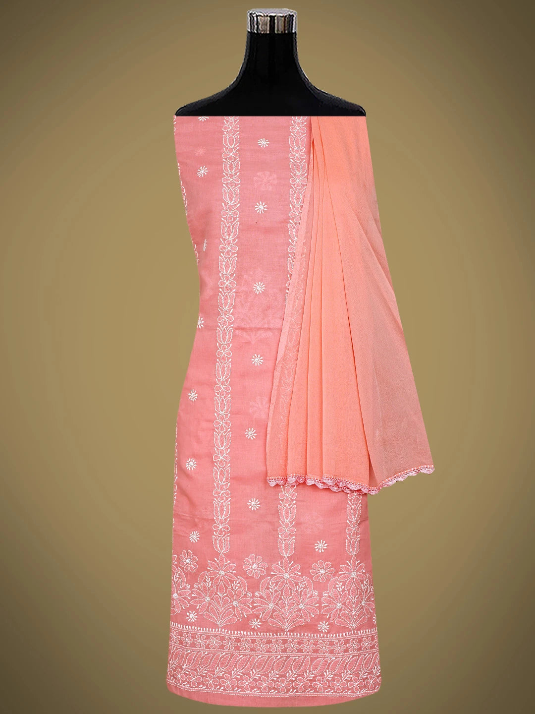 Ada Hand Embroidered Peach Cotton Lucknowi Chikankari Unstitched Suit Piece 01A881405