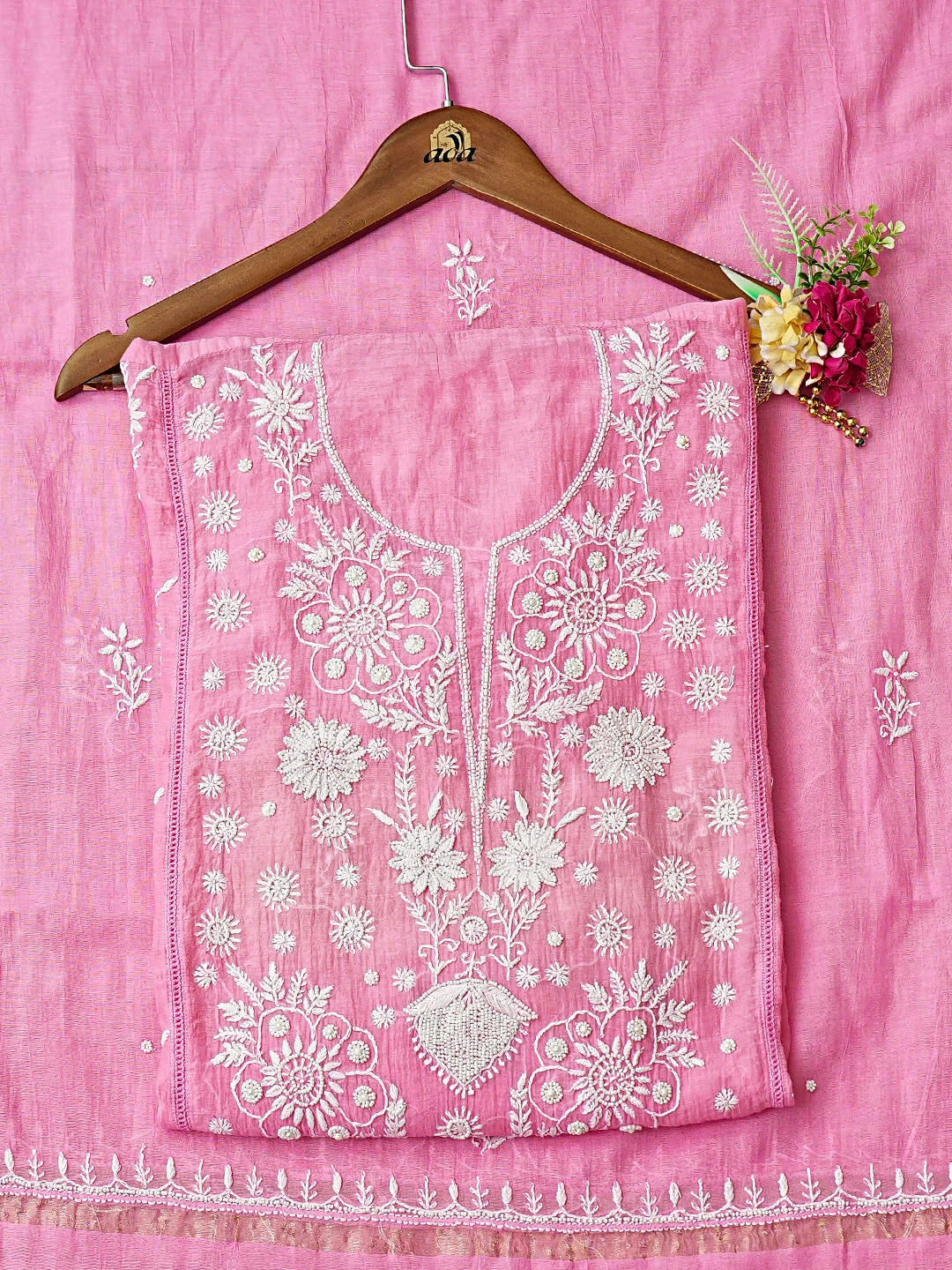 Ada Hand Embroidered Bubble Gum Pink Chanderi Lucknowi Chikankari Semi-Stitched Kurta Dupatta Set With Pearl Work 01A866720