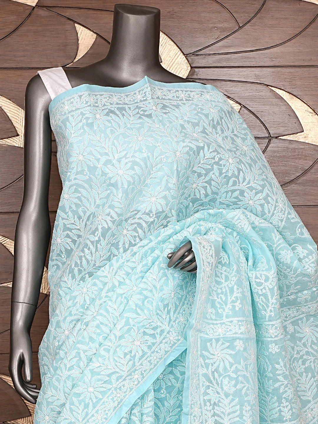 Ada Hand Embroidered Blue Cotton Lucknowi Chikankari Saree With Blouse 01A891288
