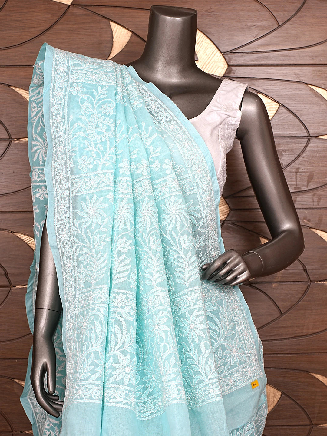 Ada Hand Embroidered Blue Cotton Lucknowi Chikankari Saree With Blouse 01A891288