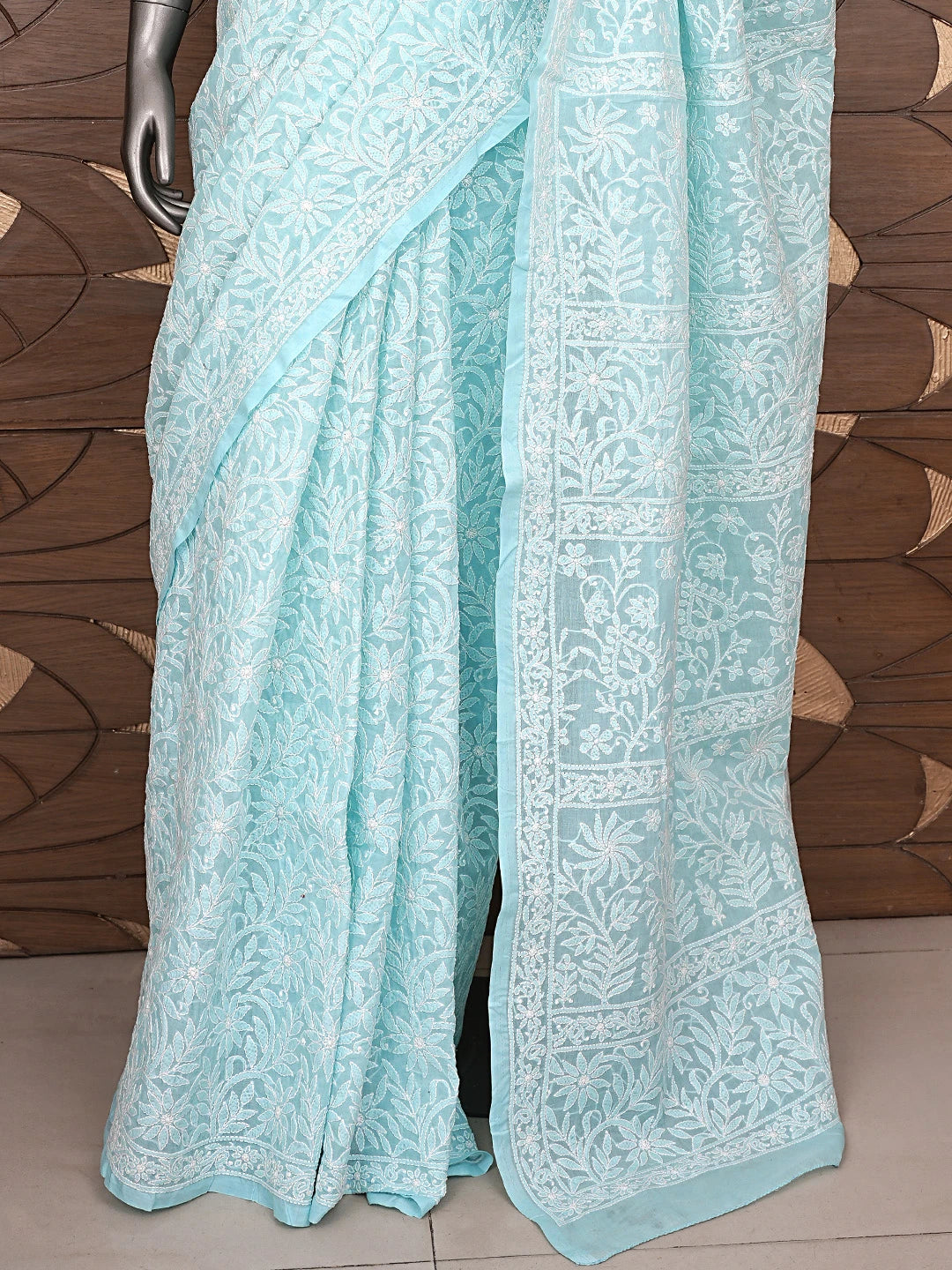 Ada Hand Embroidered Blue Cotton Lucknowi Chikankari Saree With Blouse 01A891288