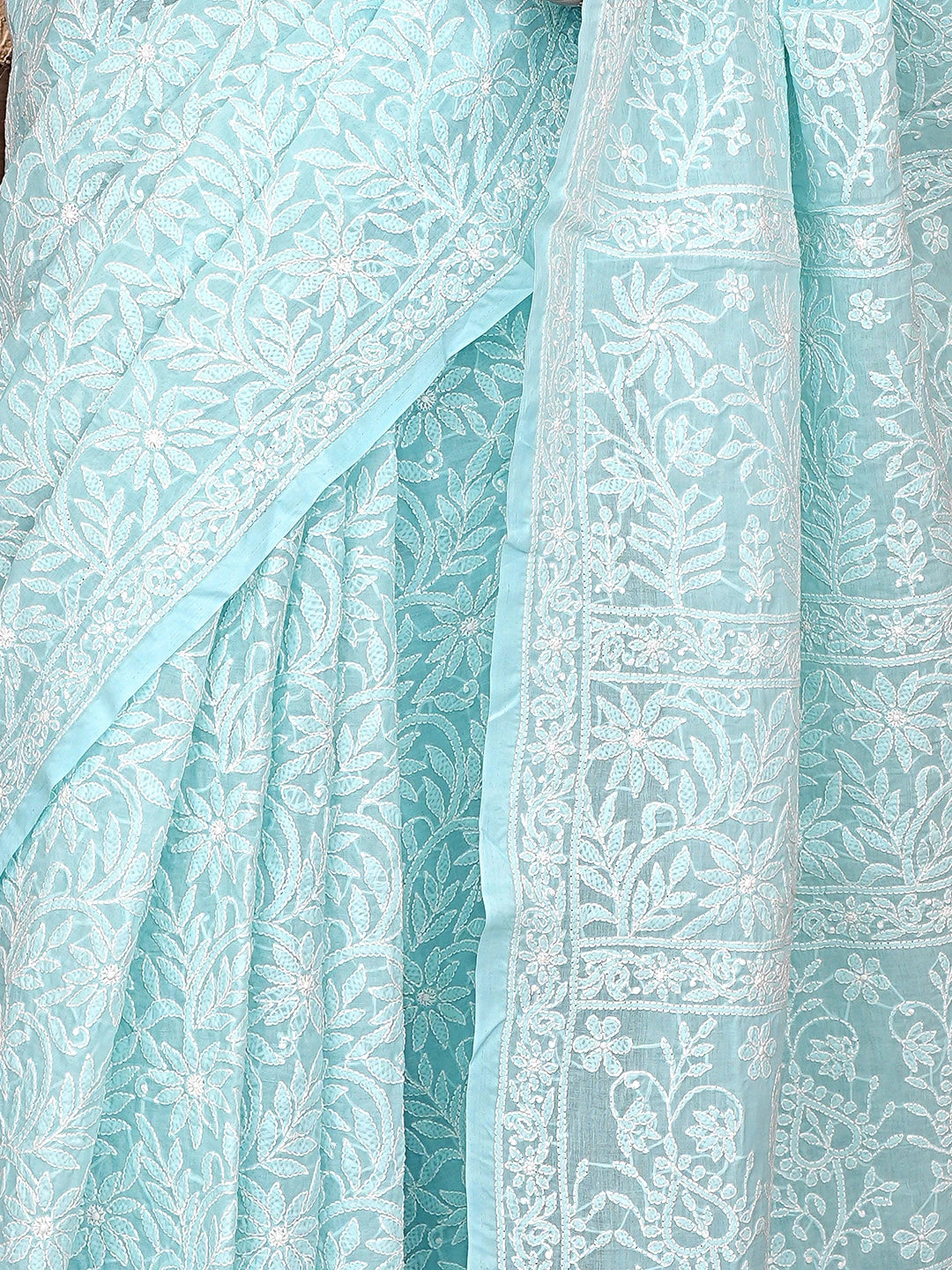 Ada Hand Embroidered Blue Cotton Lucknowi Chikankari Saree With Blouse 01A891288