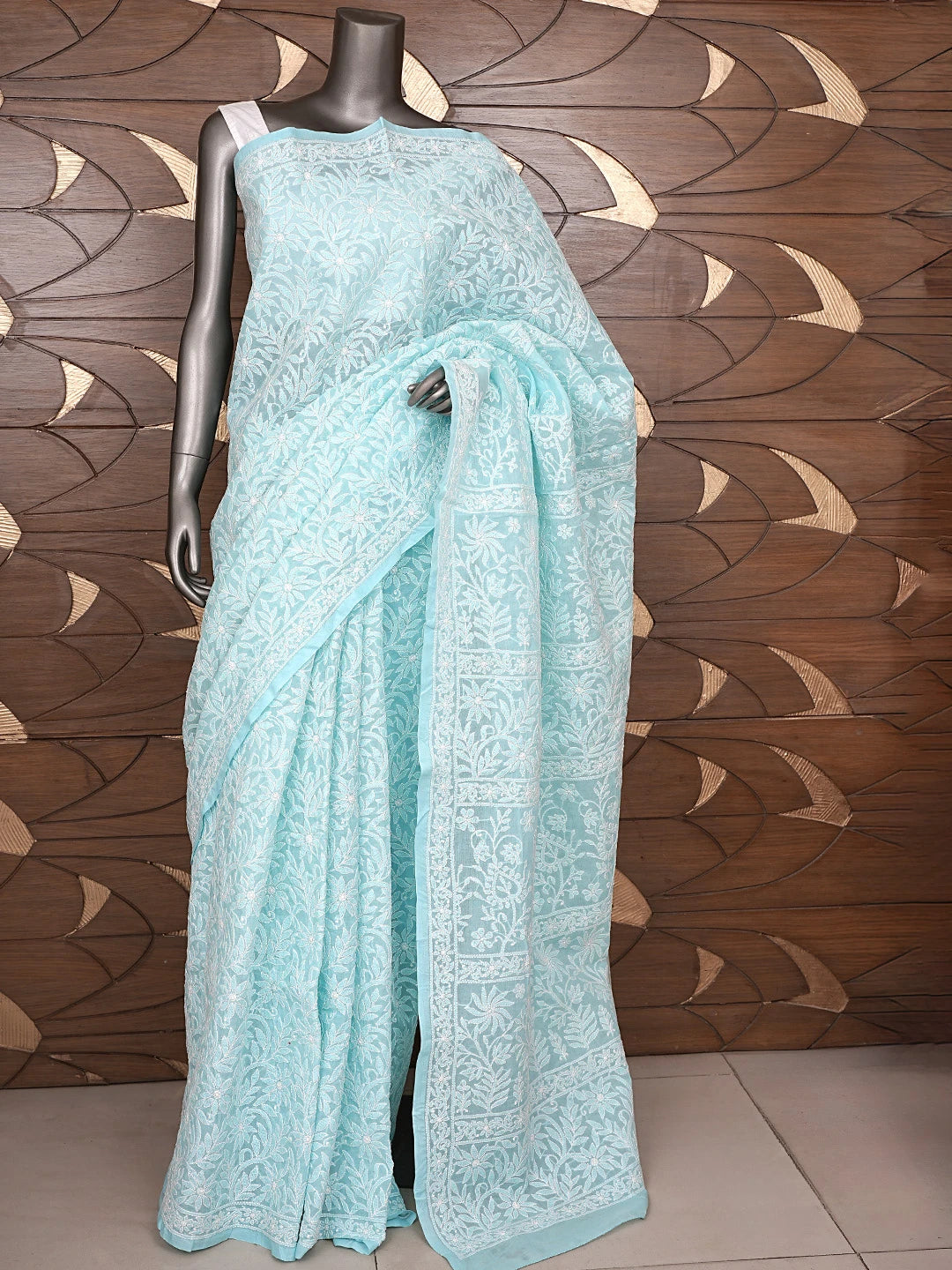 Ada Hand Embroidered Blue Cotton Lucknowi Chikankari Saree With Blouse 01A891288