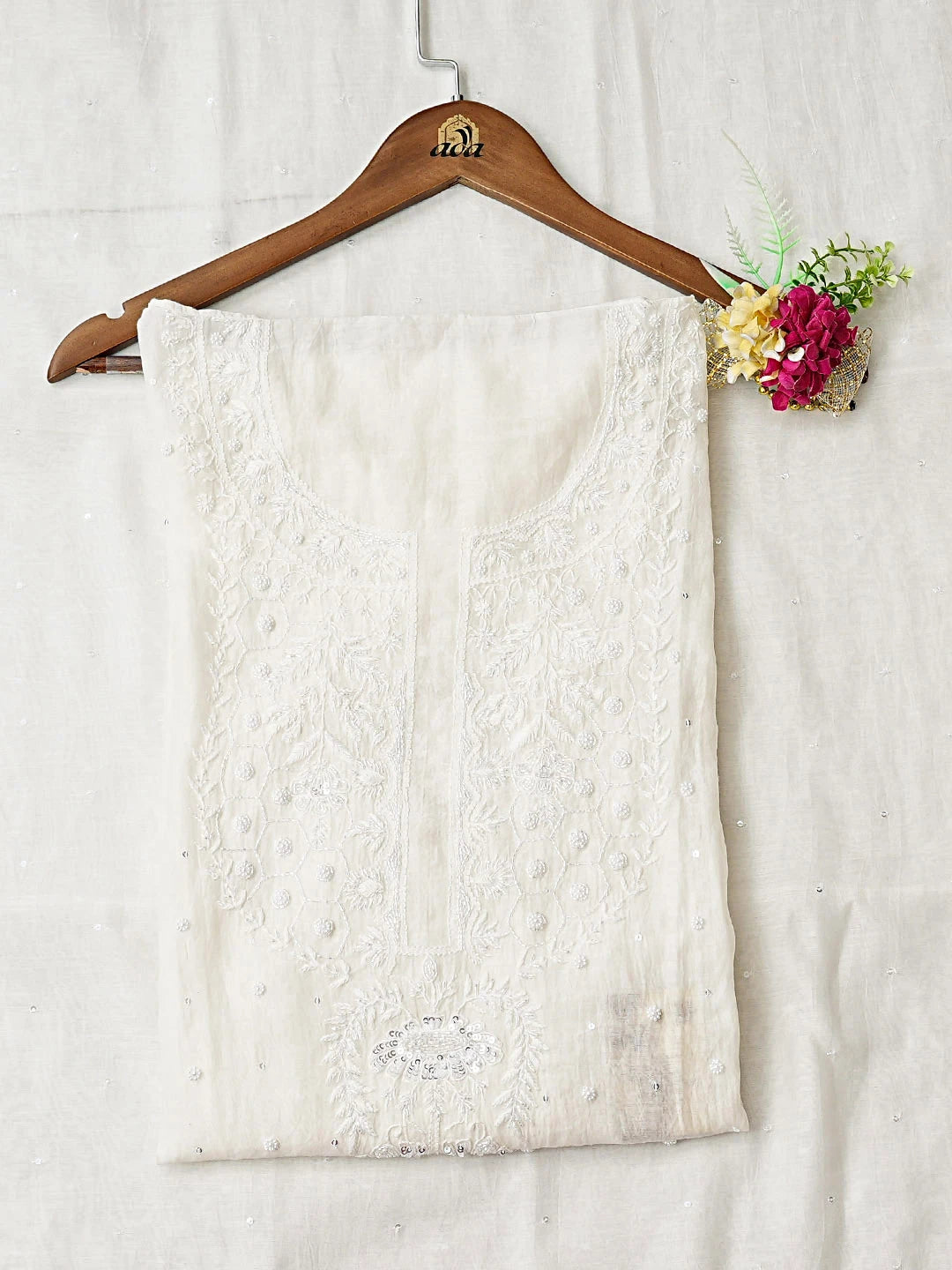 Ada Hand Embroidered White Chanderi Lucknowi Chikankari Semi-Stitched Kurta Dupatta Set With Pearl Work 01A896291