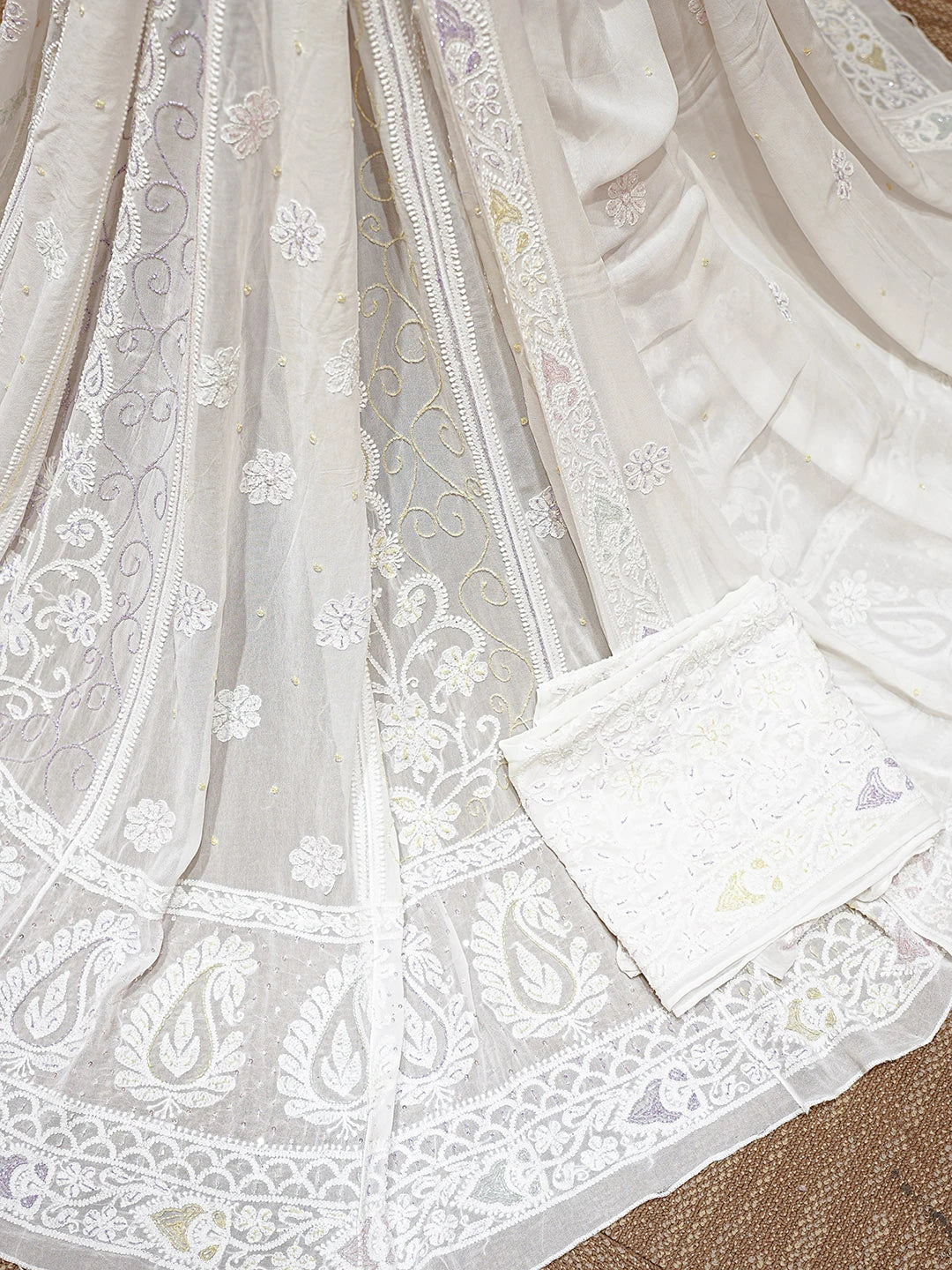 Ada Hand Embroidered White Viscose Georgette Lucknowi Chikankari Lehenga Set With Cutdana Work 01A762698