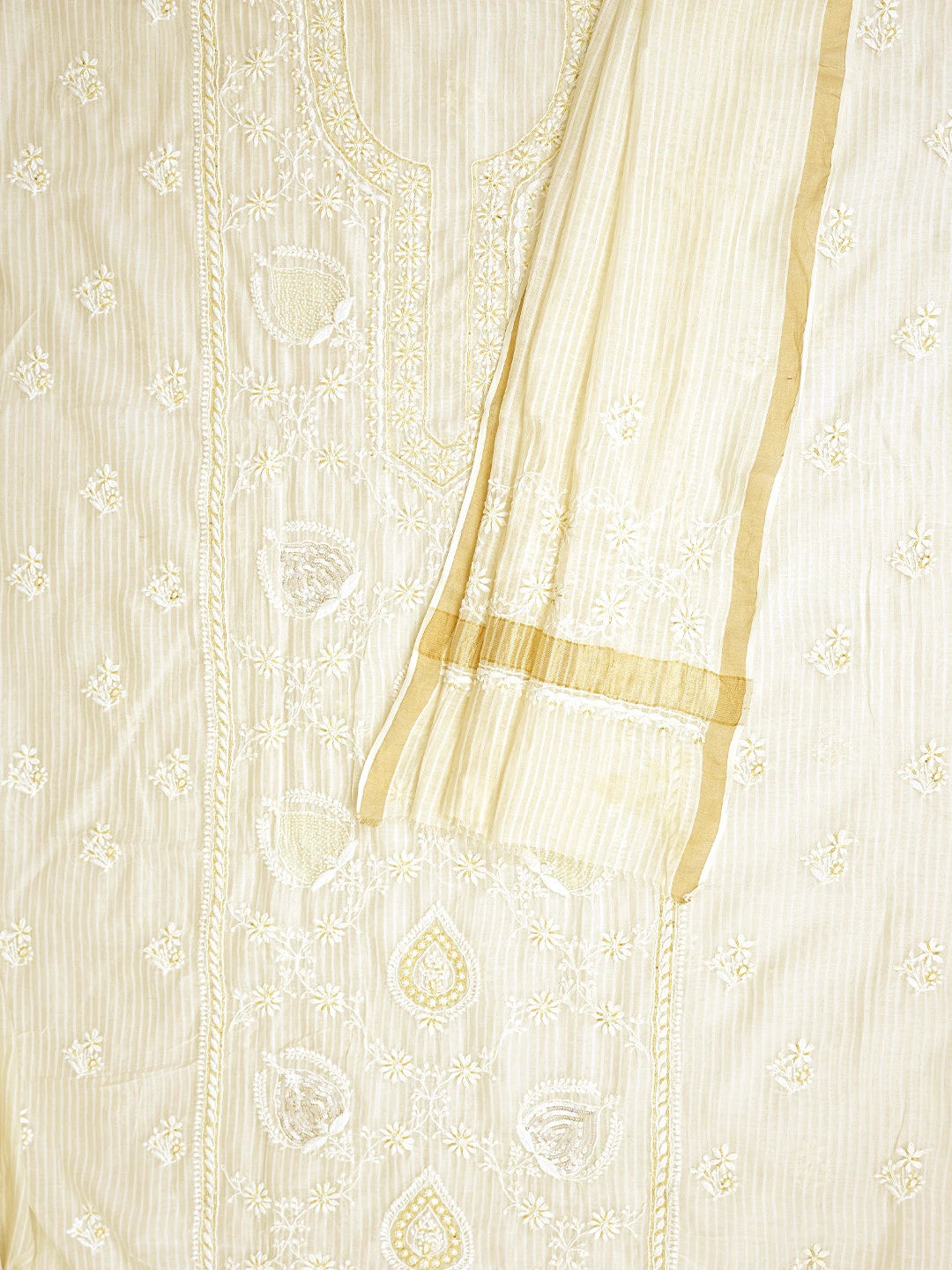 Ada Hand Embroidered White Ivory Cream Chanderi Lucknowi Chikankari Kurta Dupatta Set with Sequinned & Cutdana Work 01A897562