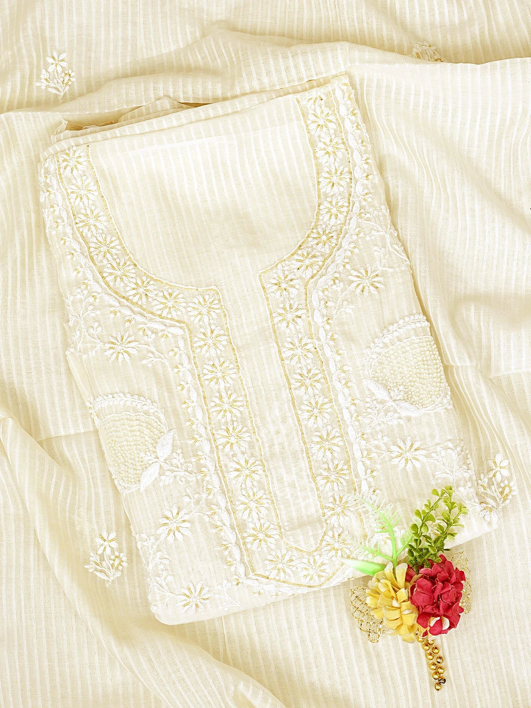 Ada Hand Embroidered White Ivory Cream Chanderi Lucknowi Chikankari Kurta Dupatta Set with Sequinned & Cutdana Work 01A897562